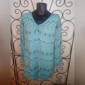 Bell sleeve above knee dress. Pink Owl brand L Aqua blue